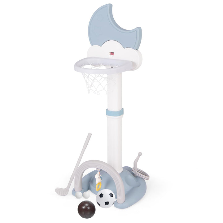 HOMASIS 4 in 1 Kinder Basketballkorb Set, multifunktional Basketballständer mit Fussballtor & Golf &
