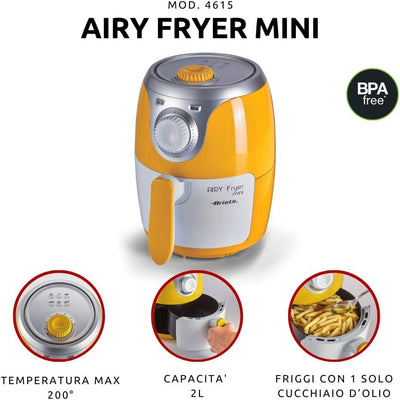 Ariete 4615 Airy Fryer Mini, Heissluftfritteusen, 2L Fassungsvermögen, 1000W, maximale Temperatur 20