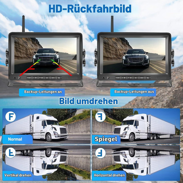Hikity Kabellos Digital AHD Rückfahrkamera Set mit 7‘’ Split-Screen Monitor IPS Bildschirm &amp; IP66 wa