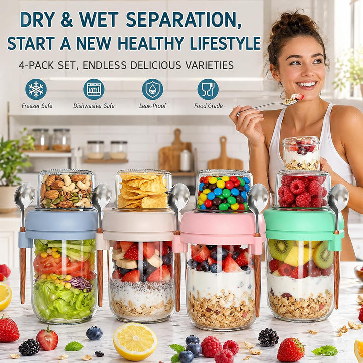 4er Müslibecher To Go mit Löffel, Overnight Oats Gläser, Joghurtbecher mit Doppelschicht-Design, Tro