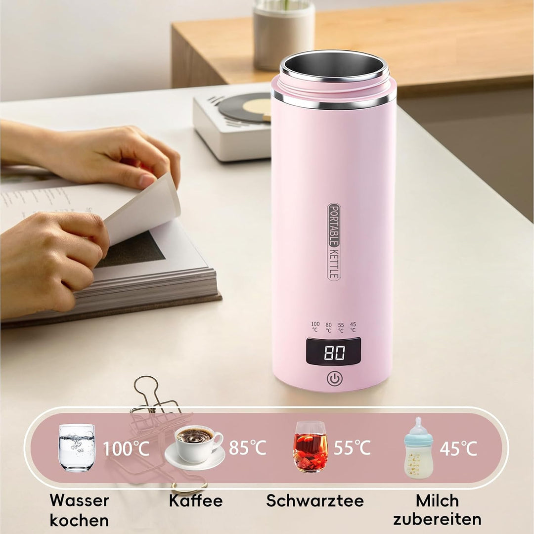 Tragbarer Reisewasserkocher 450 ml 4 Temperatureinstellungen Mini-Wasserkocher zum Anschliessen Edel