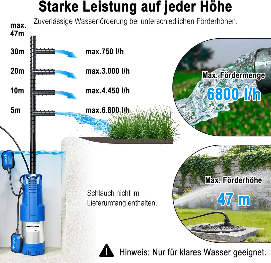 FOTING Tauch-Druckpumpe 4 inox, 1100W Tauchdruckpumpe mit 6800 l/h Fördermenge, Förderhöhe max. 47 m
