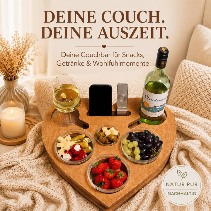 Herz Couchbar in Eiche - Couch Tablett mit 4 Glasschalen - Sofatablett für Snacks & Getränke [stabil