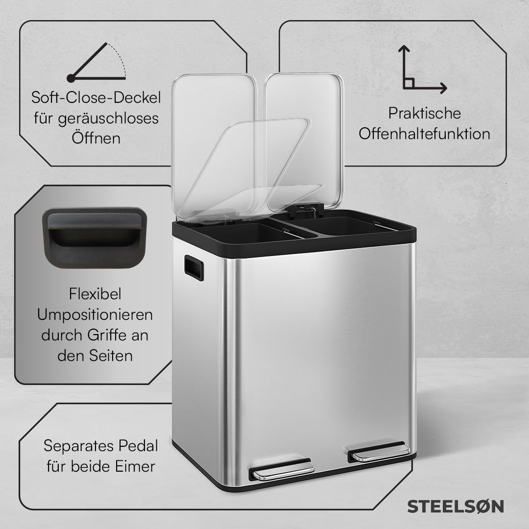 STEELSØN Epsilon Mülleimer 2 Fächer – Mülltrennsystem Küche 2x15L aus Edelstahl Silber – Tretmülleim