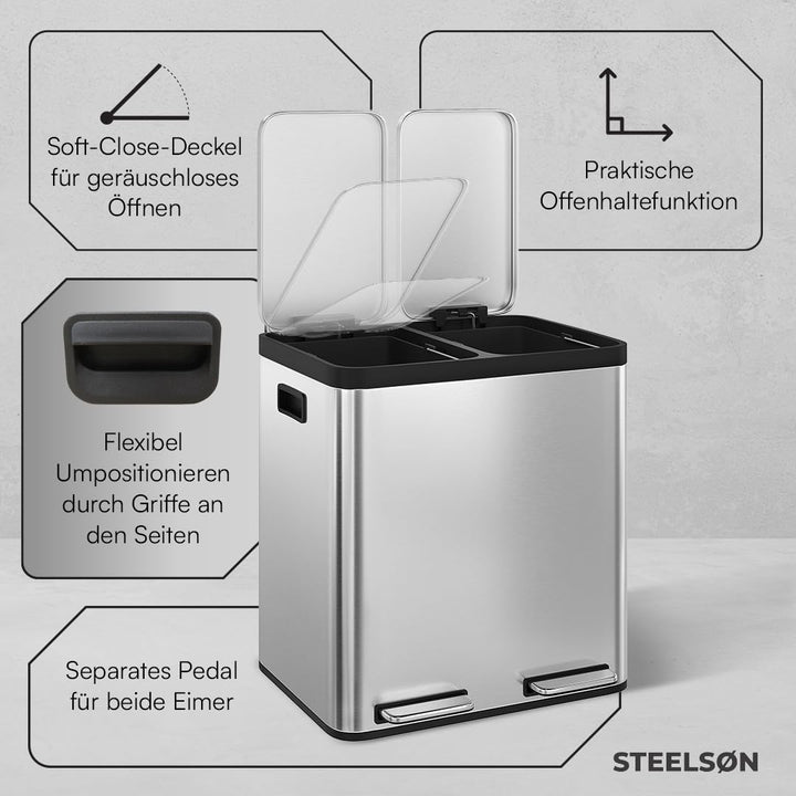STEELSØN Epsilon Mülleimer 2 Fächer – Mülltrennsystem Küche 2x15L aus Edelstahl Silber – Tretmülleim