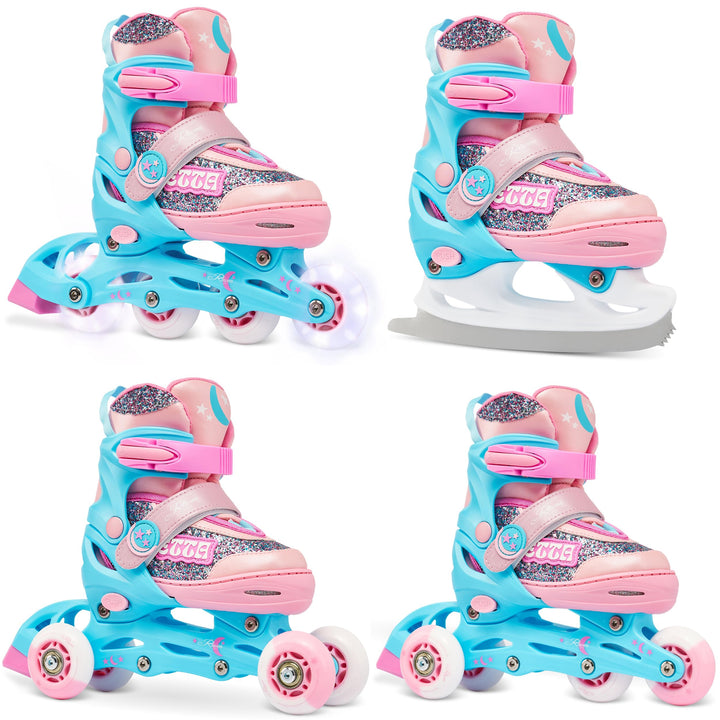 RAVEN 4in1 Inline Skates Triskates Rollschuhe Schlittschuhe Inliner für Kinder Mädchen verstellbar G