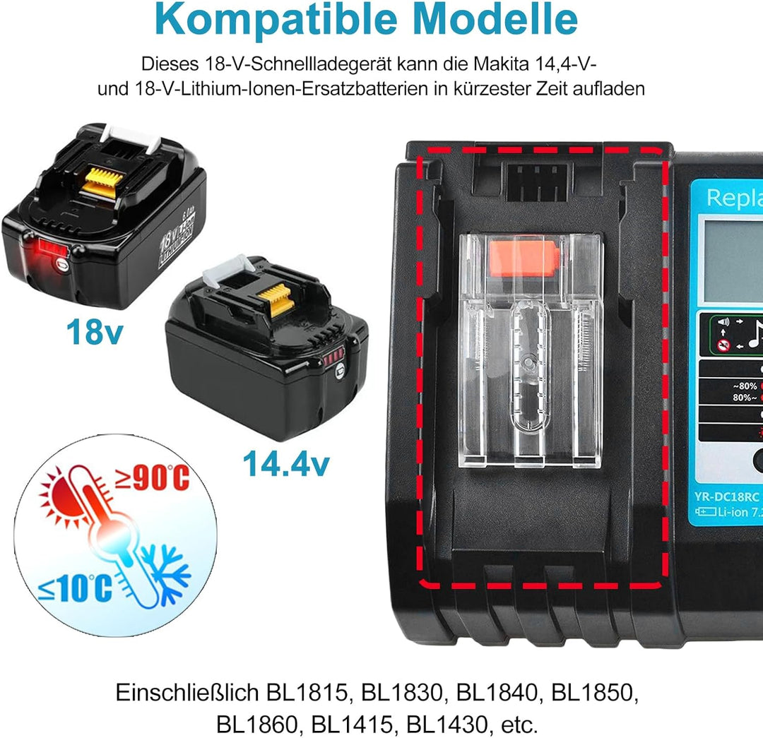 Akku 18v Ladegerät DC18RC Schnellladegerät Kompatibel mit Makita 14,4 Volt und 18 Volt Li-Ion Ersatz