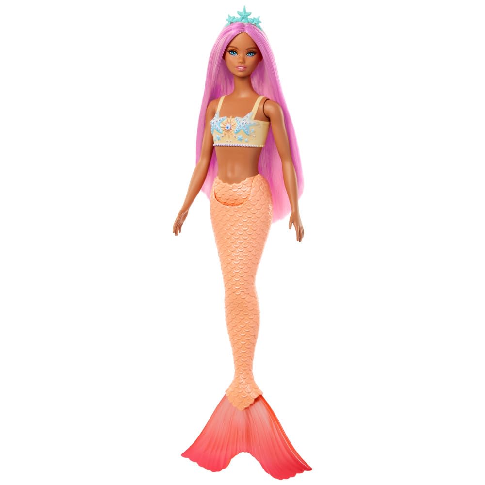 Barbie Meerjungfrau-Puppe mit fantasievollem Haar in Pink mit Haarband, Puppe mit Seestern-Oberteil