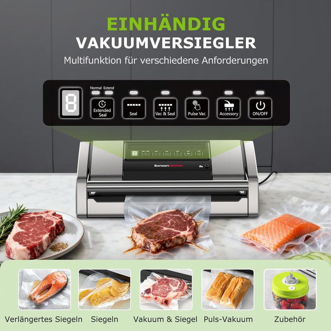 Bonsenkitchen Vakuumiergerät 15 L/min, Vakuumierer mit Beutelclip, Griffverriegelung und Integrierte
