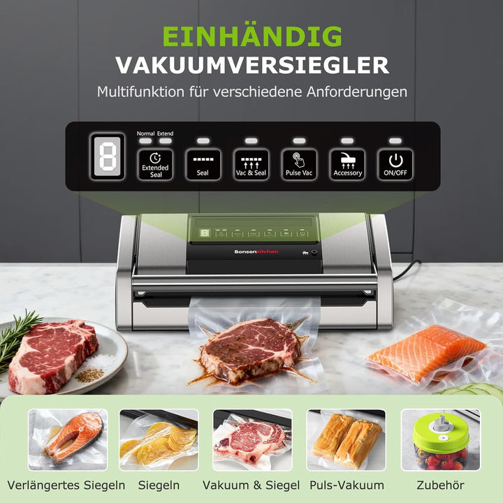 Bonsenkitchen Vakuumiergerät 15 L/min, Vakuumierer mit Beutelclip, Griffverriegelung und Integrierte