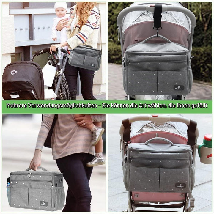 PHILORN Kinderwagen Organizer mit Isolierte Getränkehalter, Schultergurt Grosse Kapazität, Universal