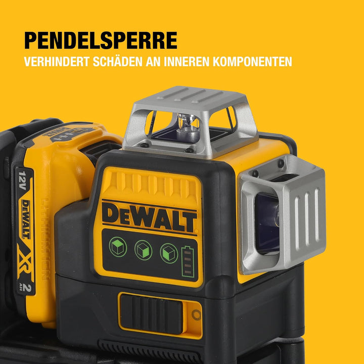 Dewalt Linienlaser (selbstnivellierender 3x360°,10,8V, 2Ah, manueller Modus ab 4° (Blinkmodus), Arbe