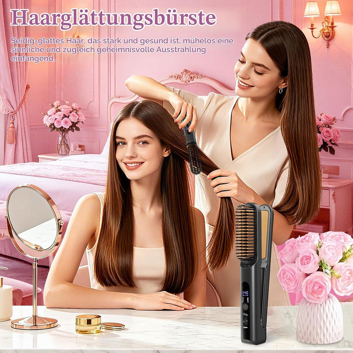Tragbarer beheizbarer Reisekamm für Frauen, kabellose Haarglätterbürste, 2-in-1-Bürste zum Glätten u