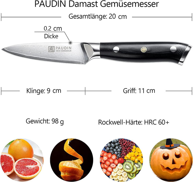 PAUDIN Damast Schälmesser 9cm - Obst und Gemüsemesser Japanisches VG10 Küchenmesser mit ergonomische