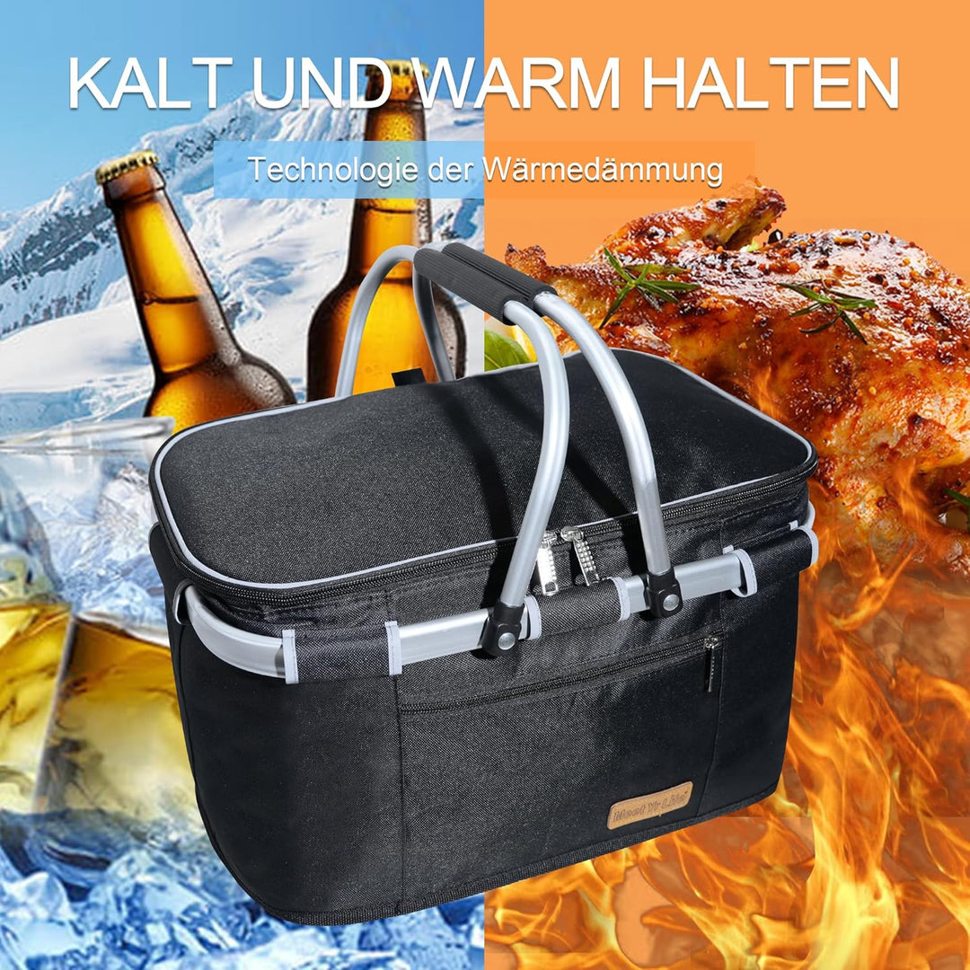 Kühltasche Einkaufskorb Grosser isolierter Kühlkorb Lunchtasche Bürowärmer Seitenstütze 2 Griffe Auf