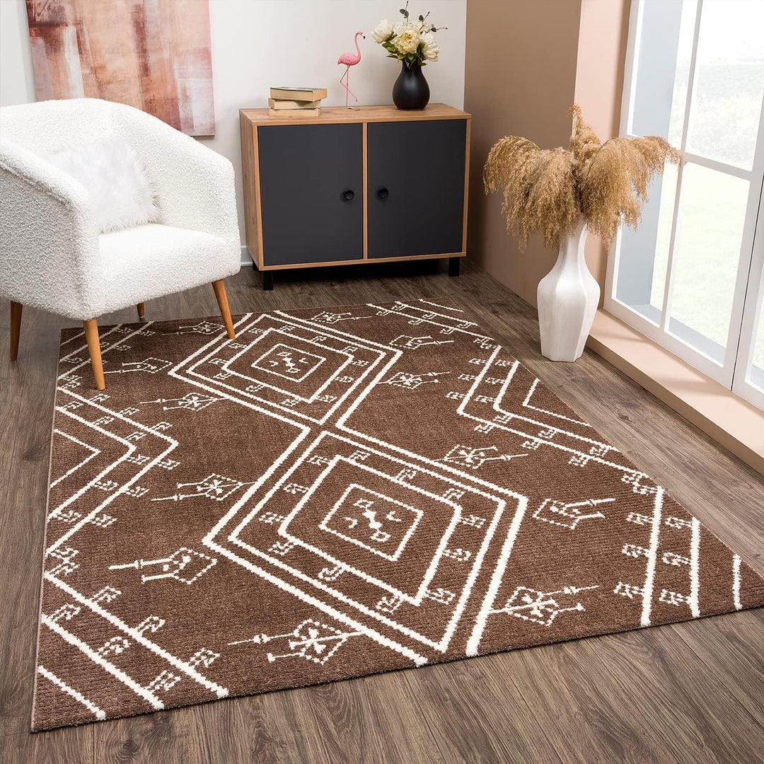 payé Teppich Läufer Ethno Berbermuster - Braun 80x300cm - Hochflor weich Boho Schlafzimmer Flur Deko