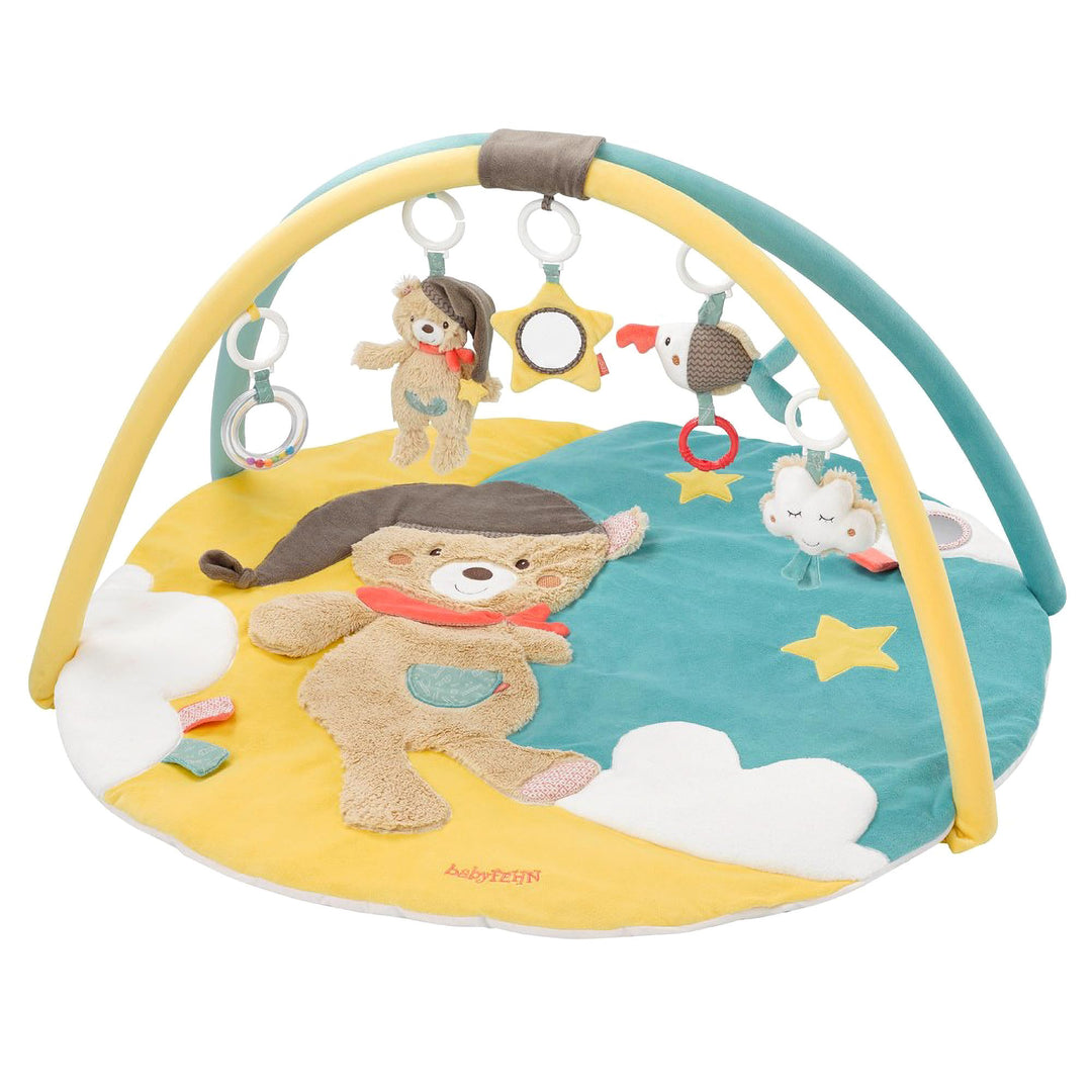 Fehn 3-D-Activity-Decke Spielbogen Bruno – Baby Krabbeldecke mit 5 abnehmbaren Spielzeugen zum Greif