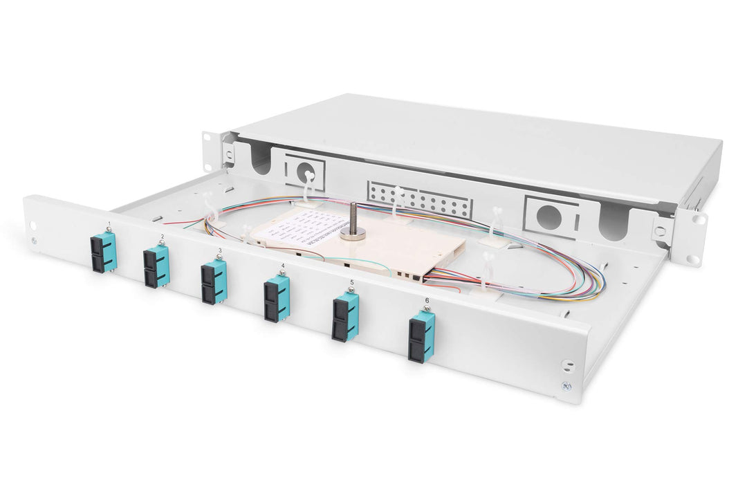 DIGITUS LWL Spleissbox 6 Kupplungen - SC - OM3 - 1HE - 19-Zoll - Multi-Mode Simplex - Mit Spleiss-Ka