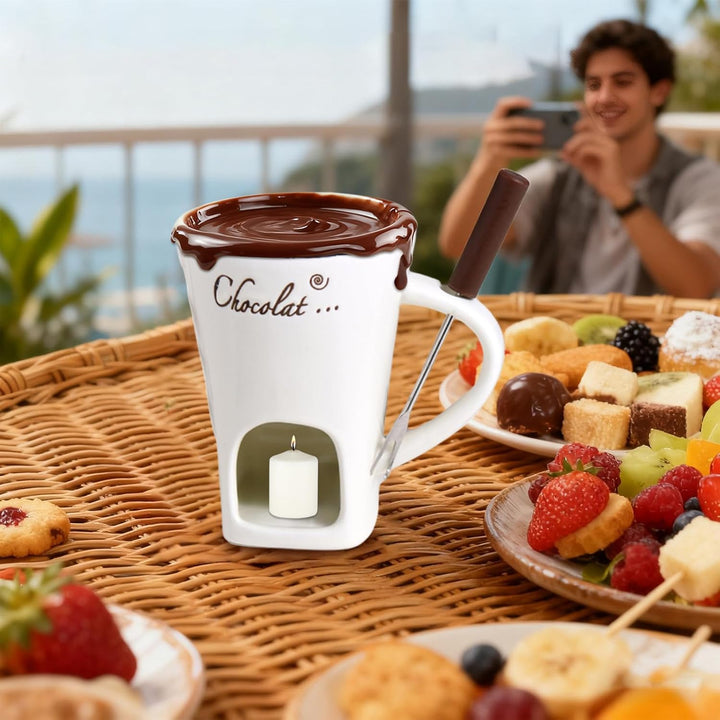 Fonduetasse | hitzebeständig, tragbar, antihaftbeschichtet, mit Gabel, Fondue-Tassen-Set, zum Dippen