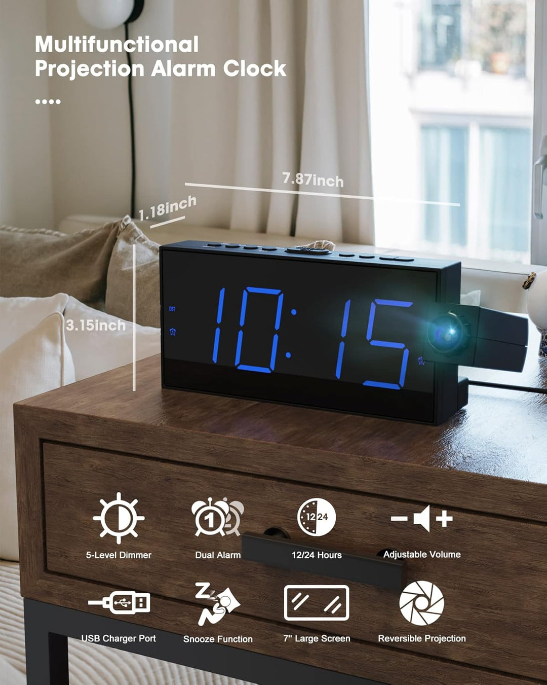 ROCAM Wecker mit Projektion, Projektionswecker mit USB Ladegerät, Batterie-Backup, 350°Projektor & D