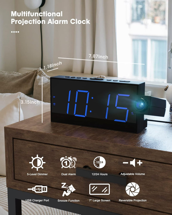 ROCAM Wecker mit Projektion, Projektionswecker mit USB Ladegerät, Batterie-Backup, 350°Projektor & D
