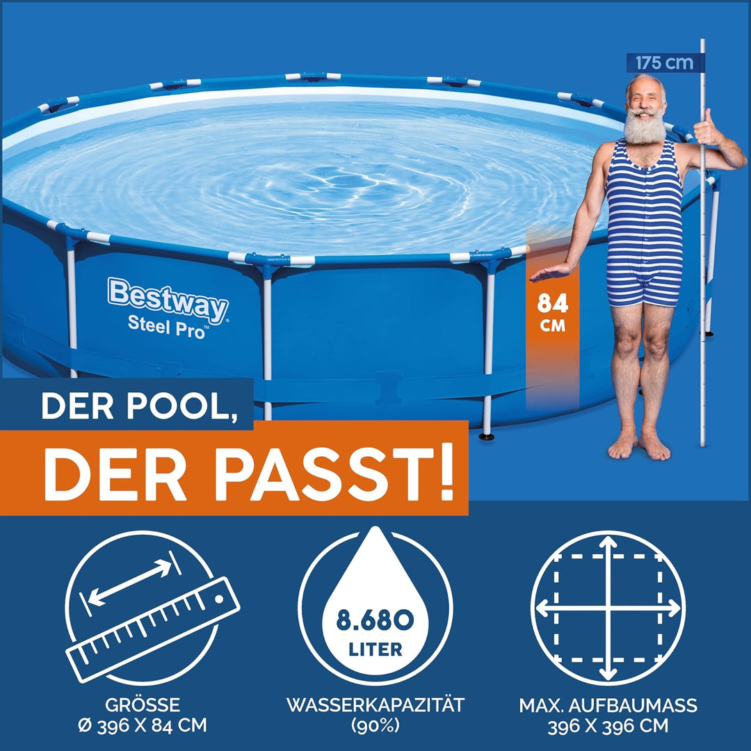 Bestway Steel Pro Frame Pool-Set mit Filterpumpe Ø 396 x 84 cm, blau, rund