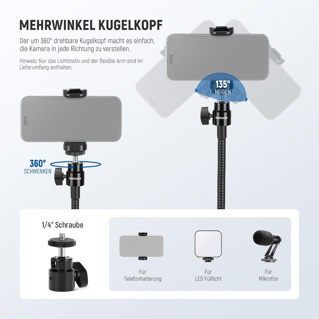 NEEWER 71" Handy Stativ Ständer mit umkehrbaren Beinen, flexiblem Arm, 360° Kugelkopf, Telefonhalter