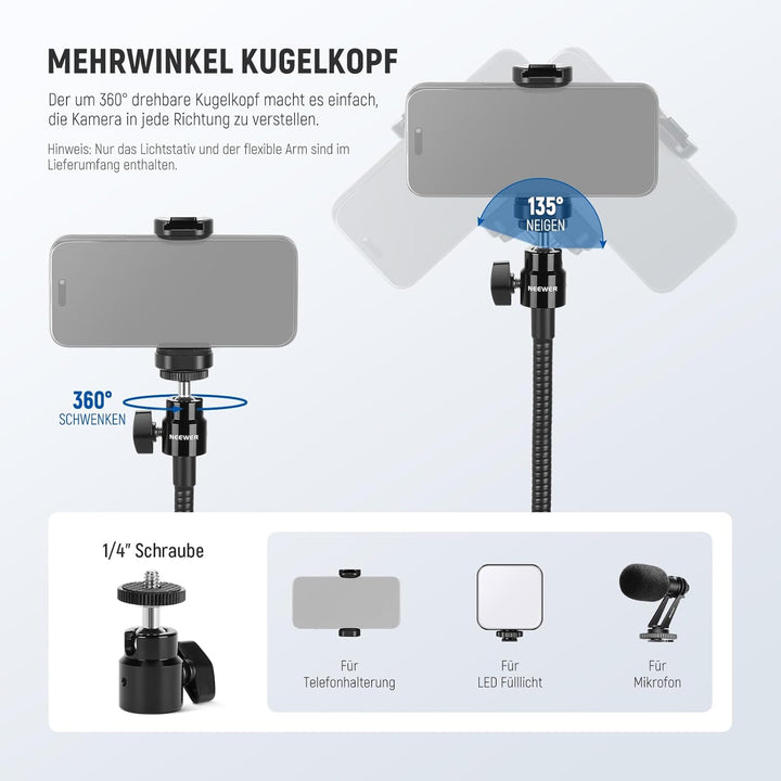 NEEWER 71" Handy Stativ Ständer mit umkehrbaren Beinen, flexiblem Arm, 360° Kugelkopf, Telefonhalter