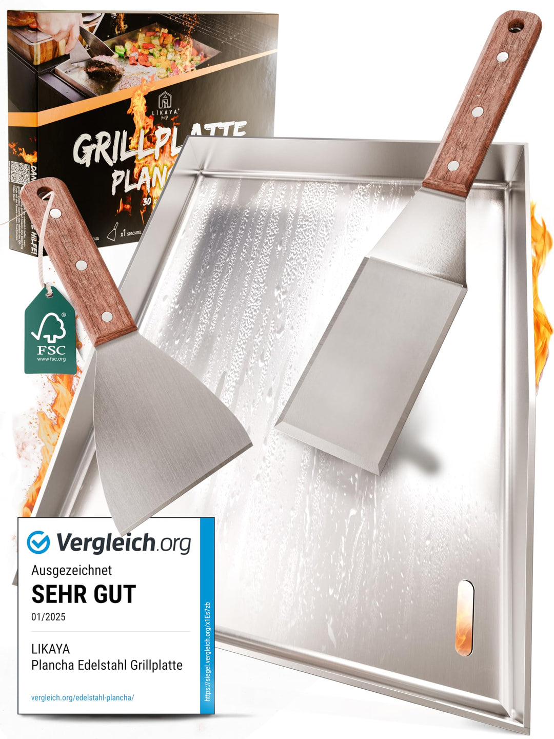 LIKAYA® Grillplatte/Plancha [30 x 40 x 4cm], massiver 4mm V2A Edelstahl inkl. 2x Grillspachteln mit