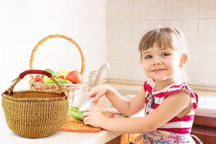 Ciffre ca. 40cm Bolga Rundkorb Korb Afrika Ghana Einkaufskorb Ledergriff Natur Naturfarbe