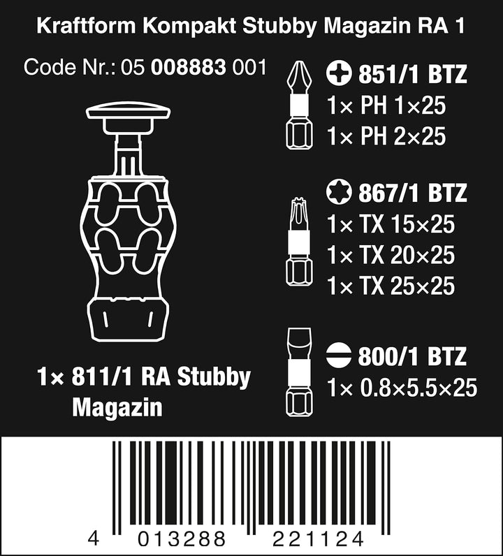 Wera 05008883001 Kraftform Kompakt Stubby Magazin RA 1, Stubby Ratschenschraubendreher mit Bit Magaz