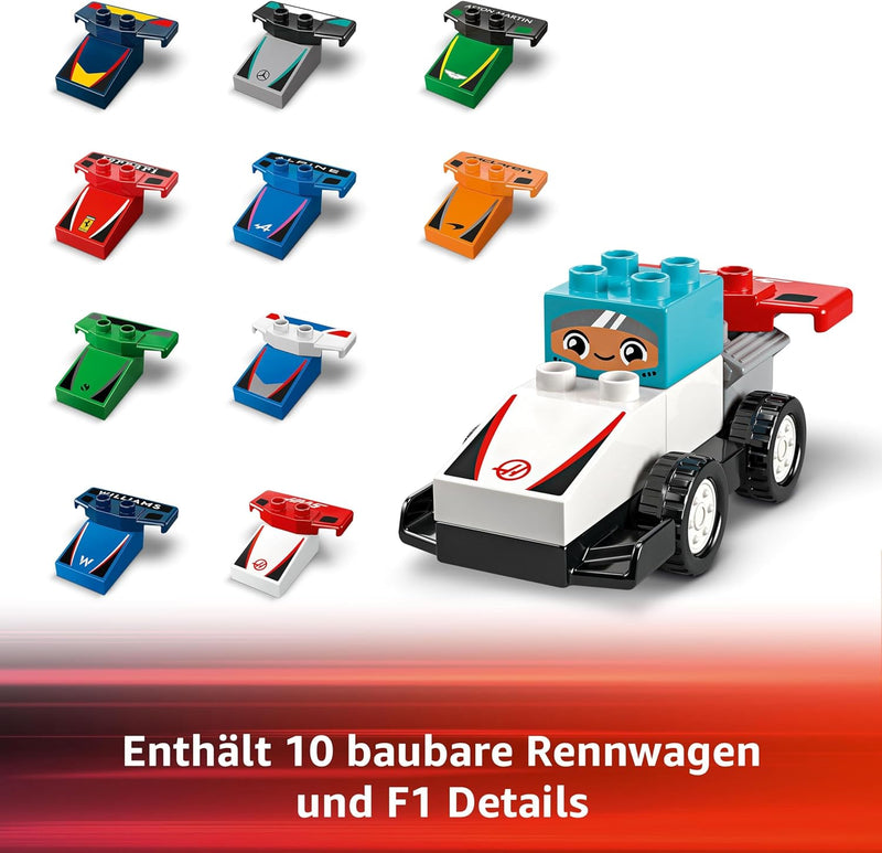 LEGO DUPLO Town F1 Team Rennautos mit Rennfahrern, Bauspielzeug für die ganze Familie, fantasievolle