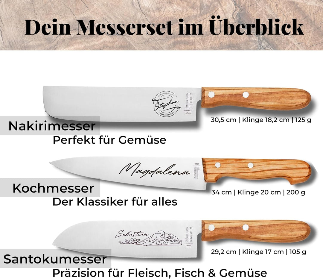 personalisiertes Premium Messer-Set von H. Herder mit Gravur – 4-teilig (Santoku, Nakiri, Koch- & Br
