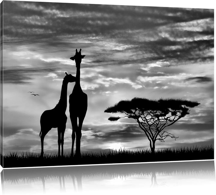 Pixxprint Giraffen im Sonnenuntergang / 100x70cm Leinwandbild bespannt auf Holzrahmen/Wandbild Kunst