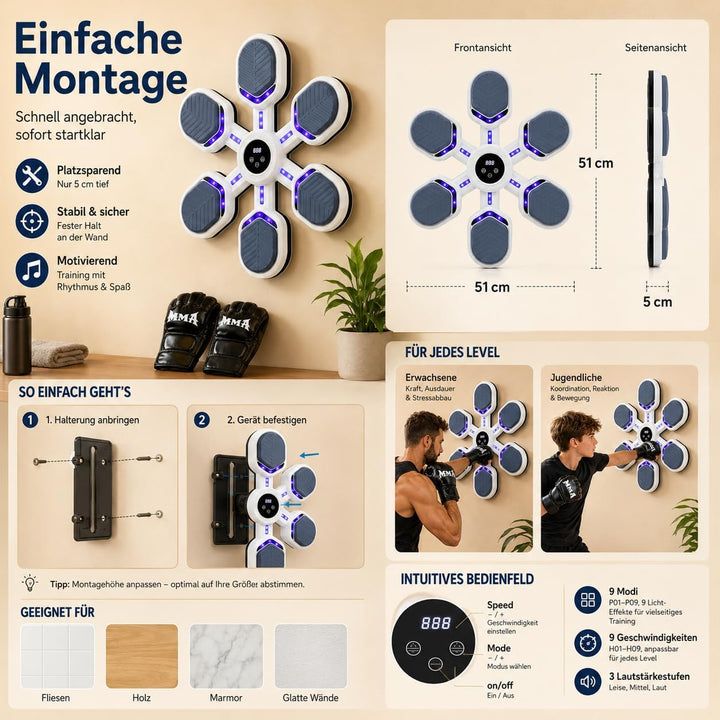 MusicBoxingMachine – Musik-Box-Trainer mit 9 Modi &amp; 9 Geschwindigkeitsstufen, LED-Punching-Zielwand,