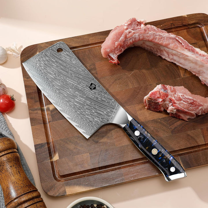 WILDMOK Fleischerbeilmesser, 16.5 cm Fleischbeilmesser, professioneller Metzgerhacker aus Damaststah