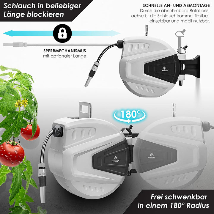 KESSER® Schlauchtrommel 30+2m Schlauchaufroller Wasser | Multi-Handbrause | 180° Schwenkbar | Aufwic