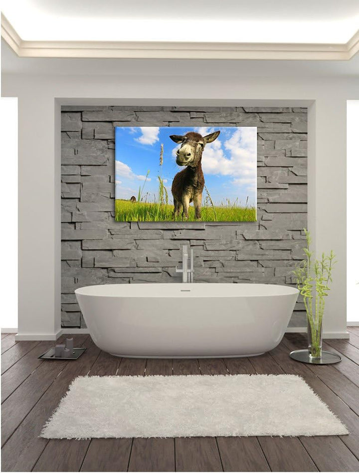 Pixxprint Esel in einem Feld in sonnigen Tag, Format: 100x70 auf Leinwand, 100x70