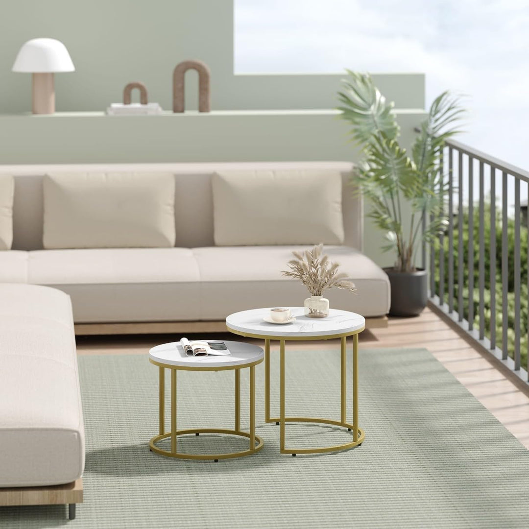 NMK HOME Couchtisch Holz Rund 2er Set 43/53 cm - Runder Couch Tisch - Industrielle Satztische Marmor