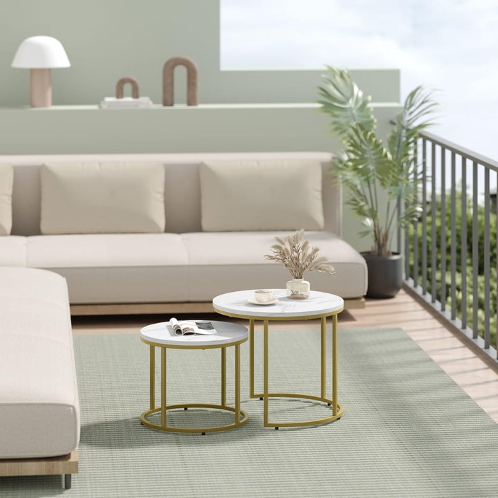 NMK HOME Couchtisch Holz Rund 2er Set 43/53 cm - Runder Couch Tisch - Industrielle Satztische Marmor