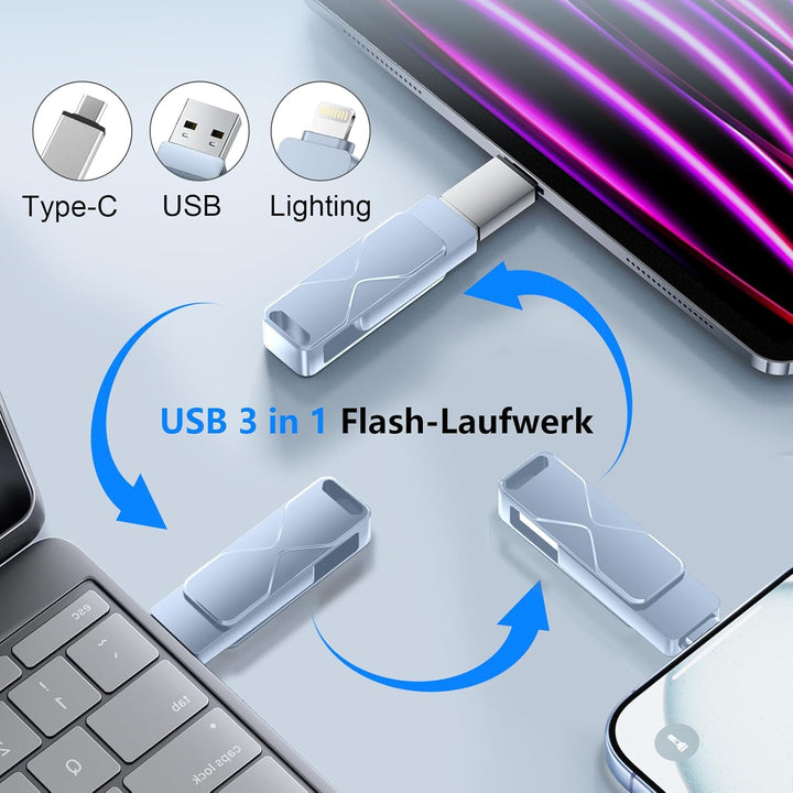 USB-Stick für iPhone 512GB, MFi Certified Lightning 3-in-1, externer Speicher, USB-Stick, für iPhone