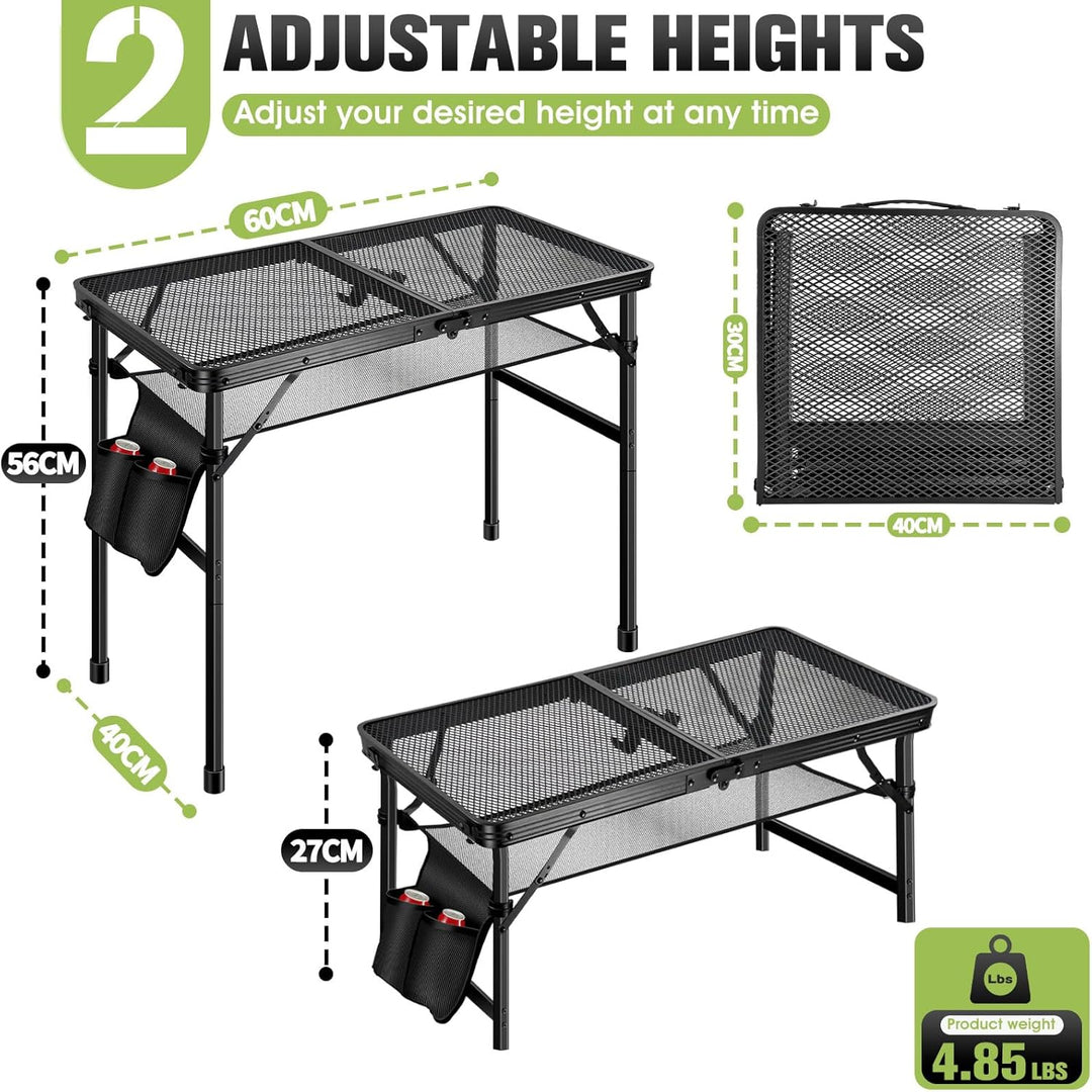 Campingtisch Klappbar, Metall-Klapptisch Camping Klein 60x40 cm, Klapptisch Höhenverstellbar, 2 Höhe
