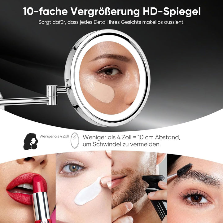 DOWRY Kosmetikspiegel mit Beleuchtung Wandmontage LED Schminkspiegel 10 Fach - 3 Farben Lichtern - 3