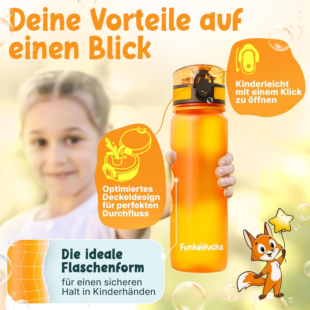 Funkelfuchs® - Trinkflasche für Kinder – 500ml, Orange – Kohlensäure geeignet - 100% auslaufsicher –