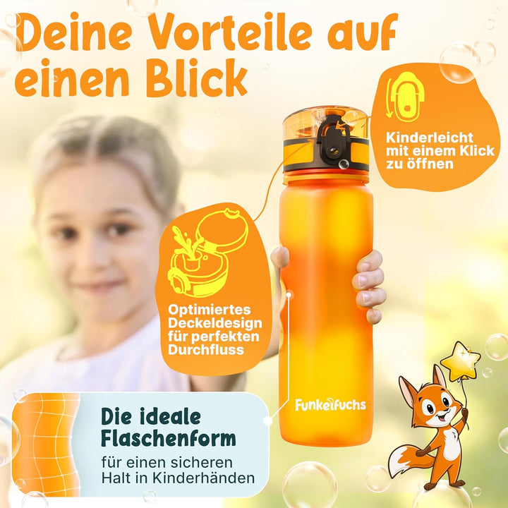 Funkelfuchs® - Trinkflasche für Kinder – 500ml, Orange – Kohlensäure geeignet - 100% auslaufsicher –