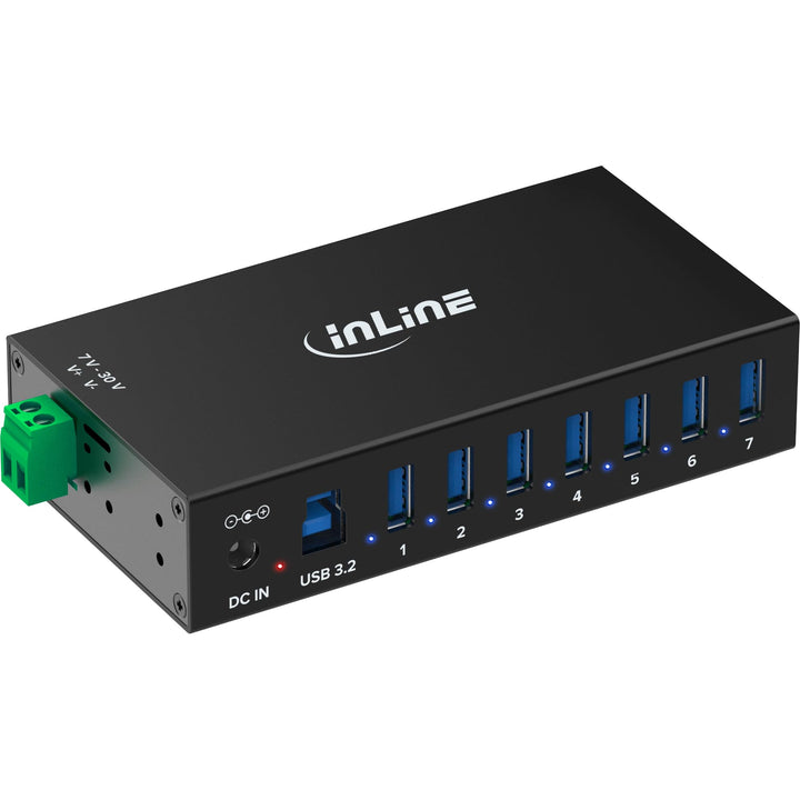 Inline USB 3.2 Gen.1 Industrie-Hub mit 7 Ports, Aluminiumgehäuse, DIN-Schienen-Montage, aktiver USB-