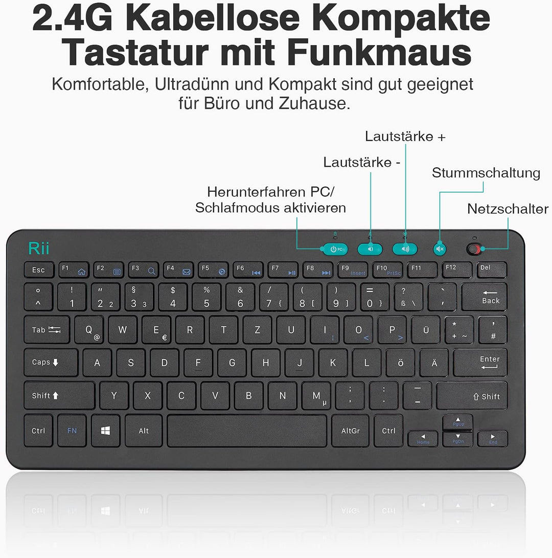 Rii Tastatur Kabellos, 2.4G FunkTastatur für Laptop, PC und Smart TV, Deutsches QWERTZ Layout, Schwa