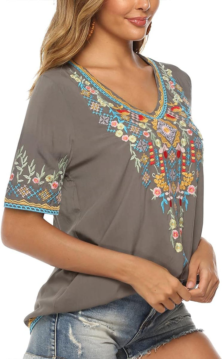Seasonal Tunika Damen Sommer Boho Folklore Bluse mit Stickerei Oberteil Hippie Trachten Kurzarm Klei