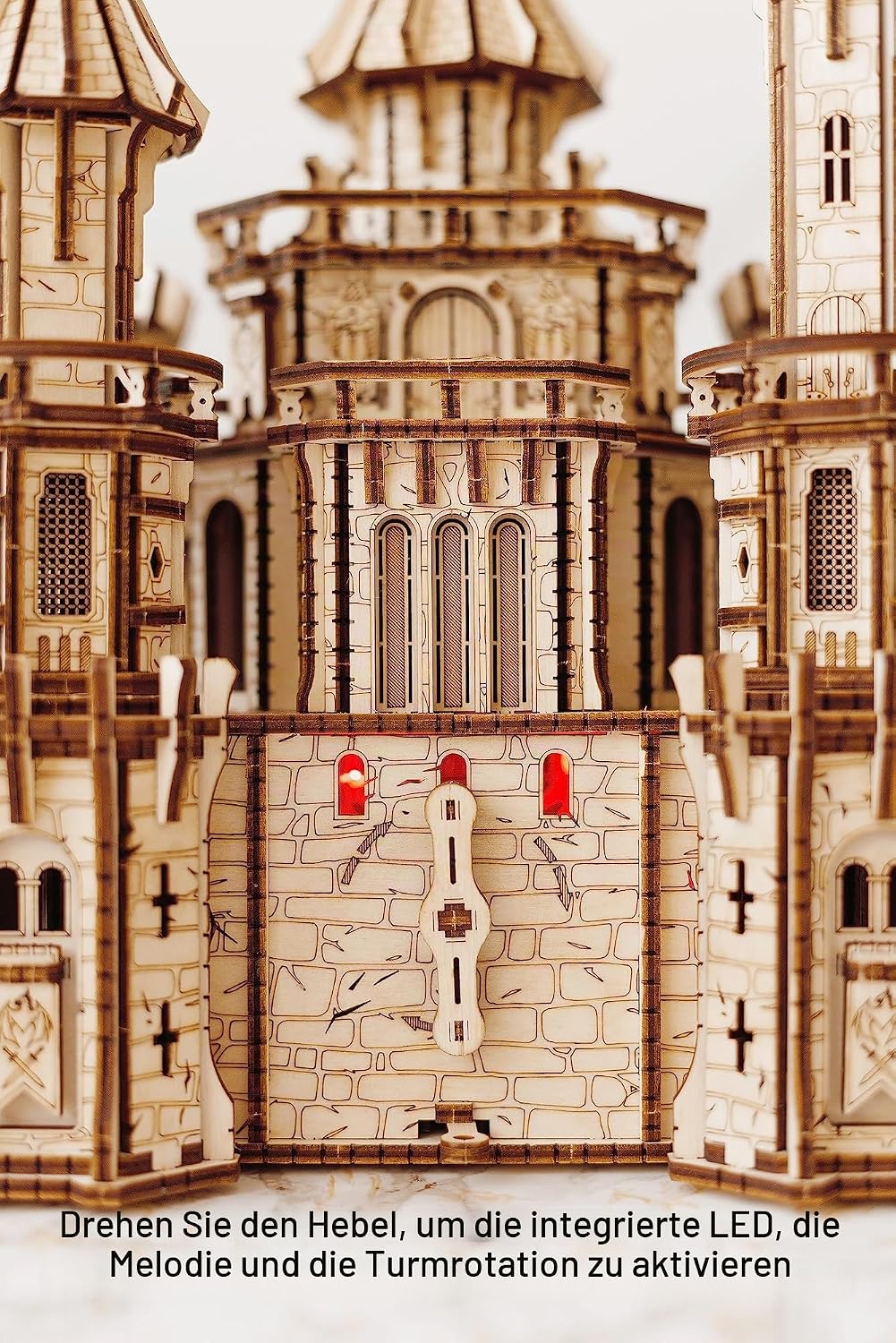 Wood Trick Dragon Castle Moveable Wooden 3D Puzzles for Adults and Kids to Build - Red LED - Greensl