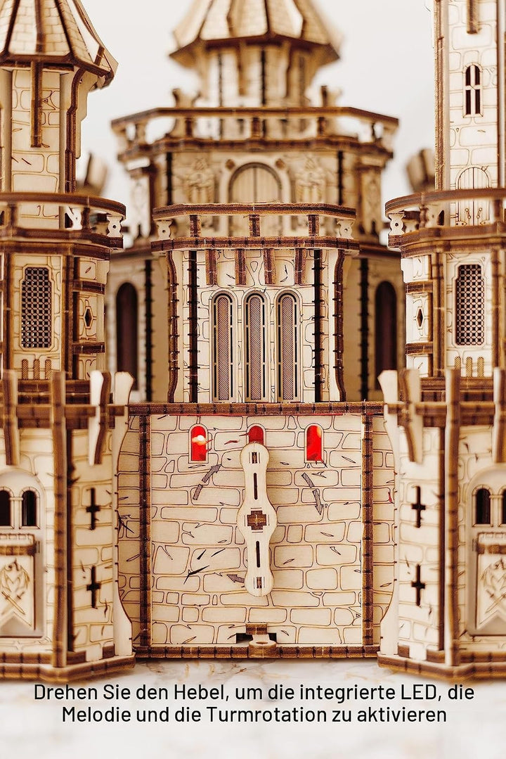 Wood Trick Dragon Castle Moveable Wooden 3D Puzzles for Adults and Kids to Build - Red LED - Greensl
